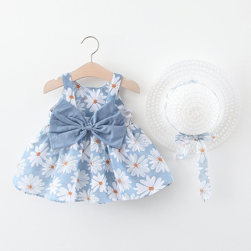Girls' Summer Sleeveless Bow Dress with Hat