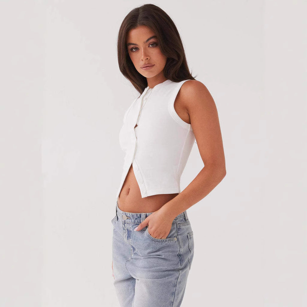 Women's Slim-fit Sleeveless Round Neck Button Vest