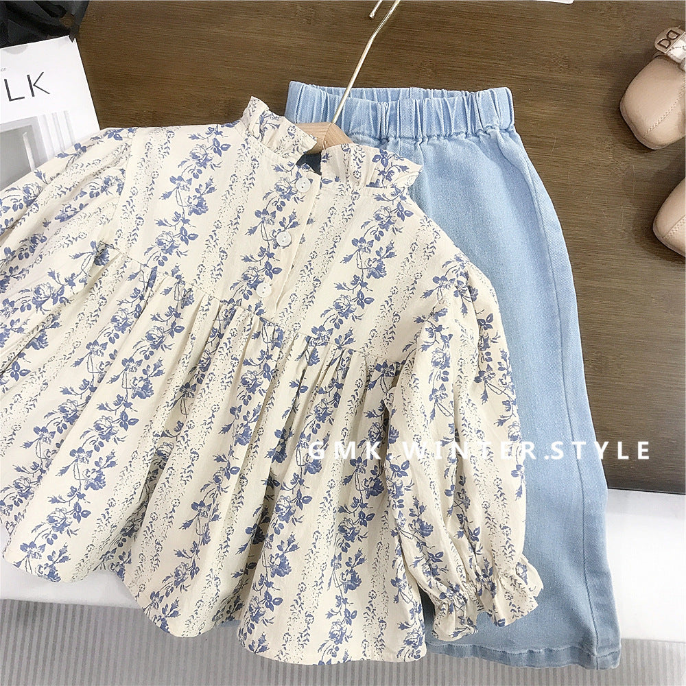 Girls' Floral Shirt and Denim Flared Pants Set