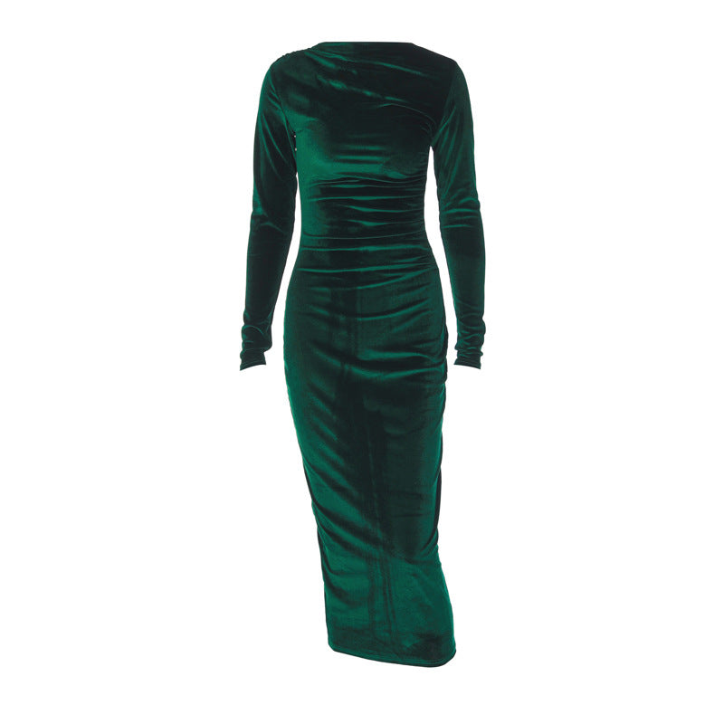 Solid-color fitted pleated round-neck long-sleeved dress