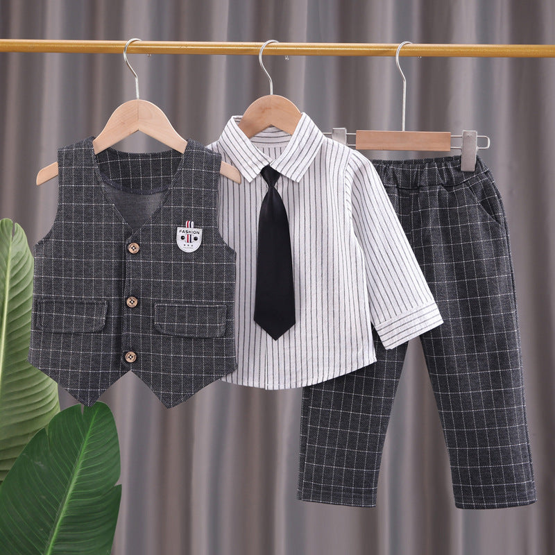 Boys' Autumn Plaid Cardigan Vest Trousers Set