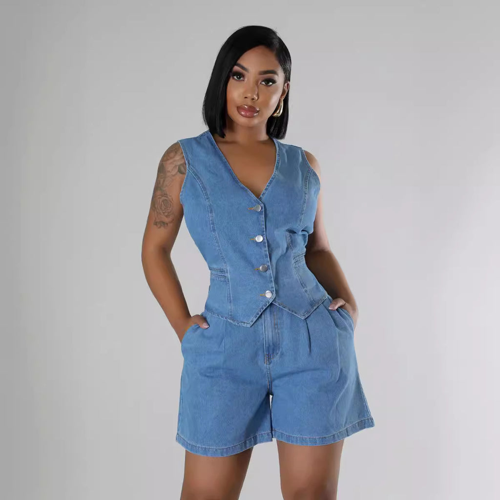 Short denim shorts with no sleeves and a high waist