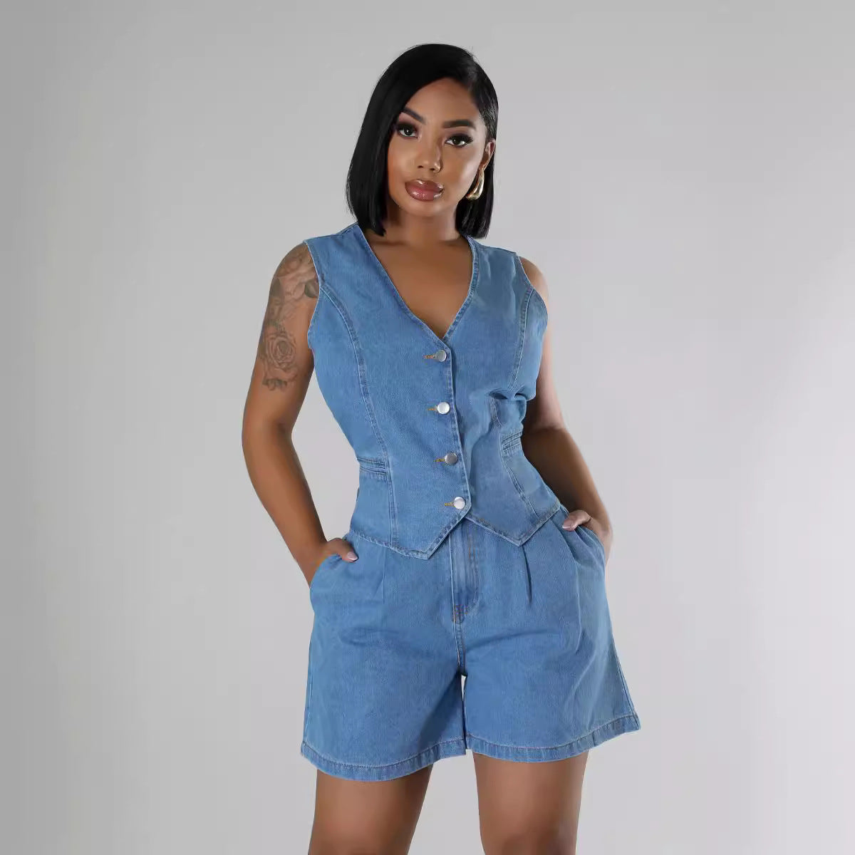 Short denim shorts with no sleeves and a high waist