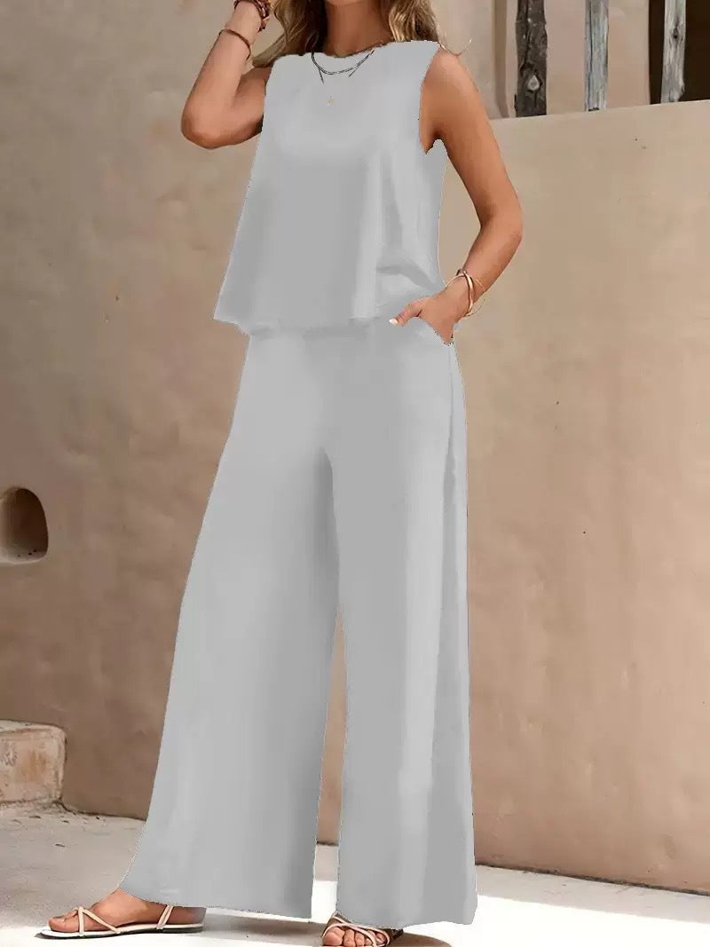 Solid-color tank top and wide-leg pants set