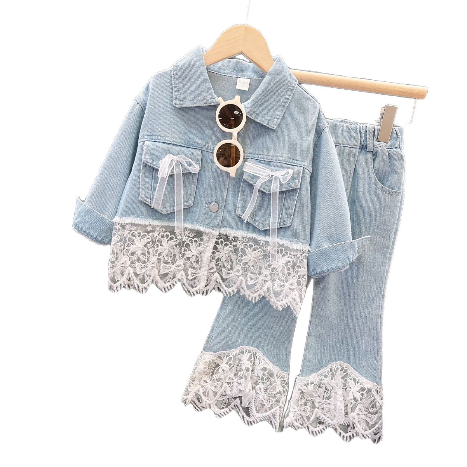Girls' Denim Lace Jacket and Jeans Set