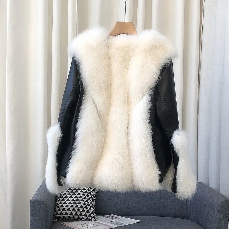 Women's color-blocked leather jacket