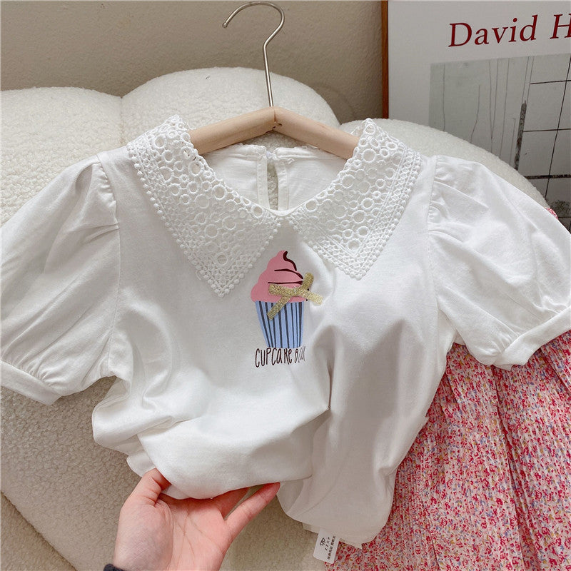 Girls' Floral Lapel Top with Short Skirt