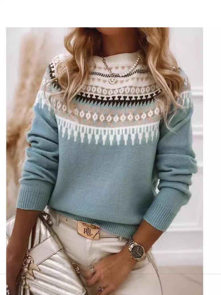 Round-neck color-blocked pullover knitted sweater