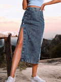 High-waisted split hem denim skirt