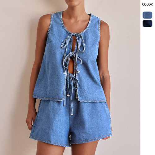 Casual sleeveless lace-up high-waisted vest and denim shorts