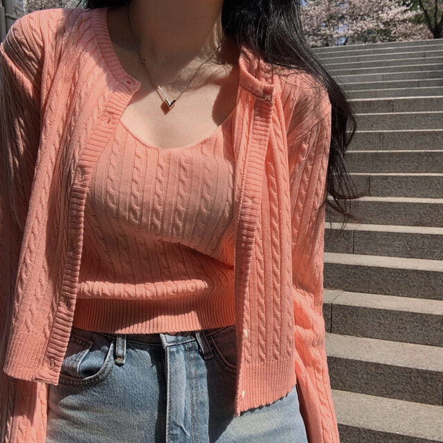 French Style Knitted Camisole and Cardigan Two-Piece Set