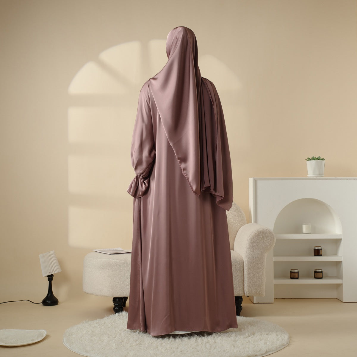 Skirt cuff with diamond abaya women's robe set inner dress, matching belt, and headscarf