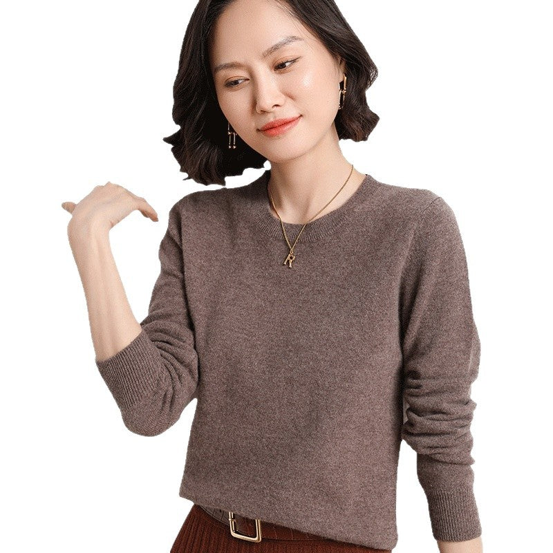 Ladies Solid Color Round Neck Long Sleeve Pullover Sweater