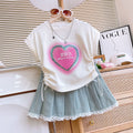 Girls' Sequins Denim Skirt Set with Lace Trim