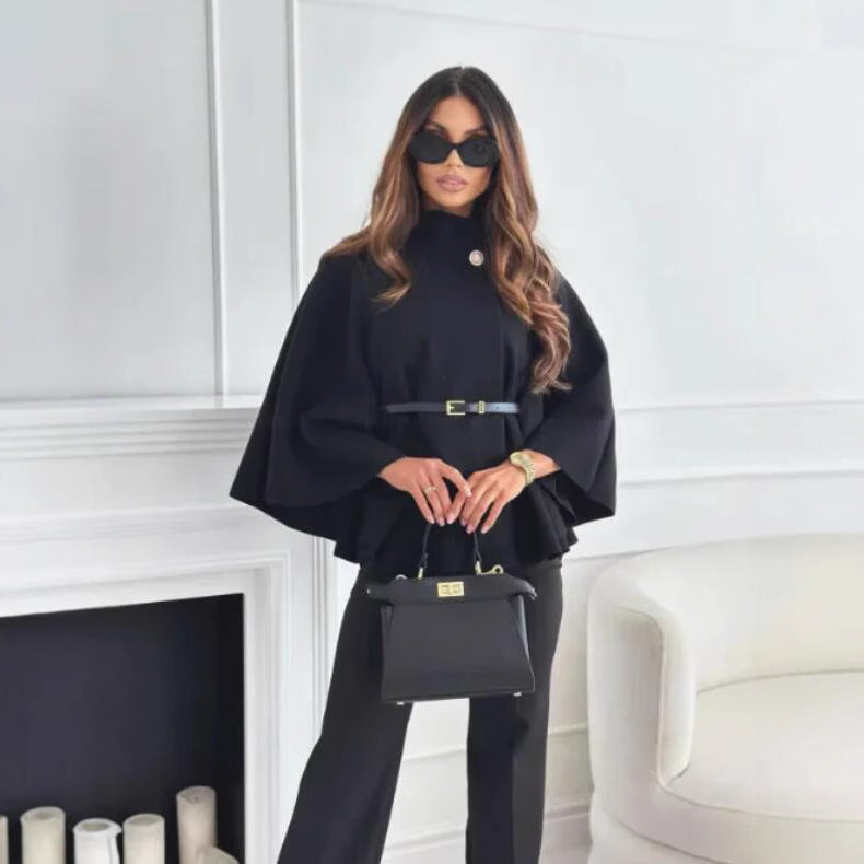 Women's Elegant Woolen Coat with Waist Tie