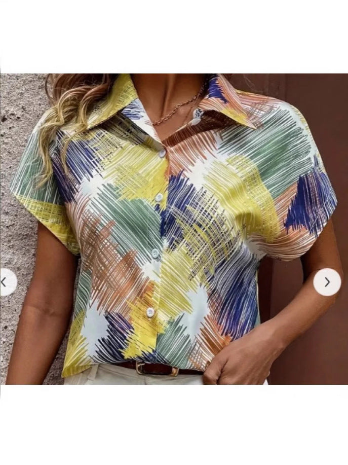 Dragonfly Flower Print Short-Sleeved Shirt