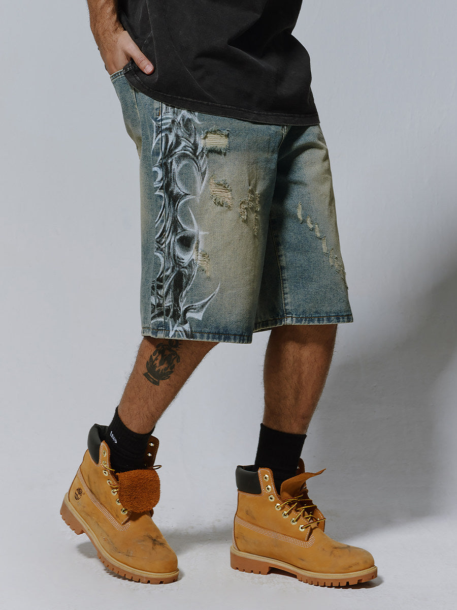 Men's Distressed Spray-Print Denim Shorts
