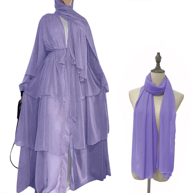 Stitching three-layer chiffon elegant cardigan dress robe