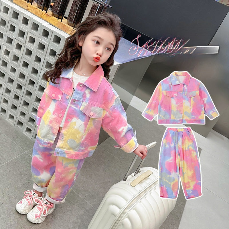 Girls' Tie-Dye Ripped Denim Two-Piece Set
