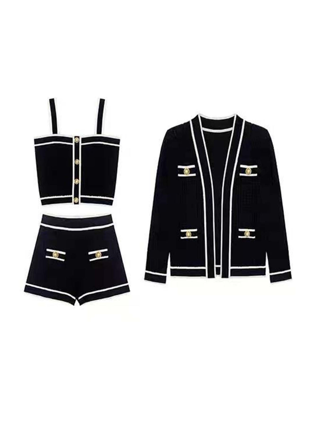Three-piece set, knitted cardigan, top, and shorts