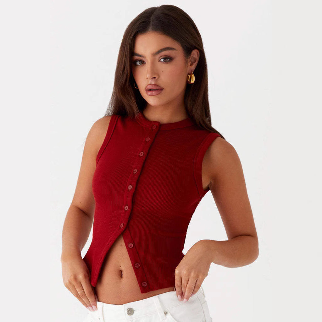 Women's Slim-fit Sleeveless Round Neck Button Vest