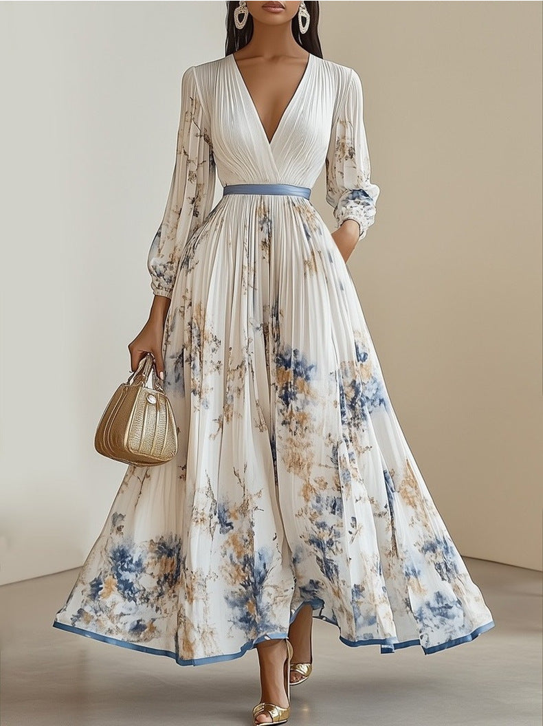 Printed V-Neck Pleated Dress