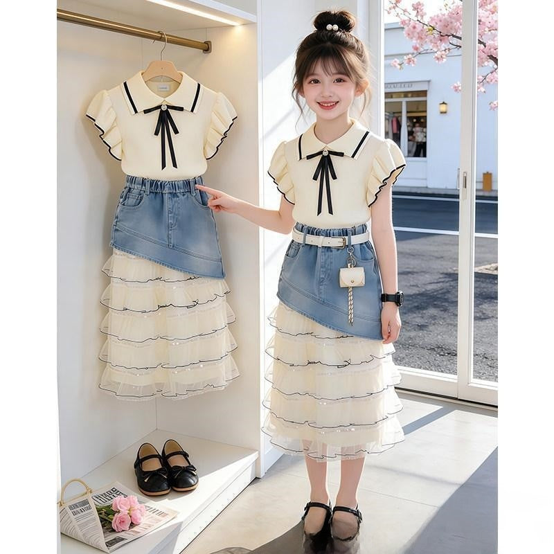 Girls' Denim Patchwork Tulle Skirt - Two-piece set