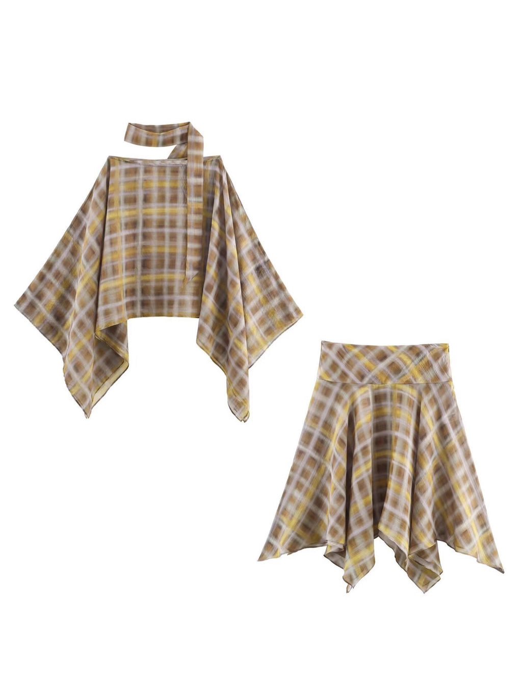 Plaid Cape Top and Midi Skirt Set