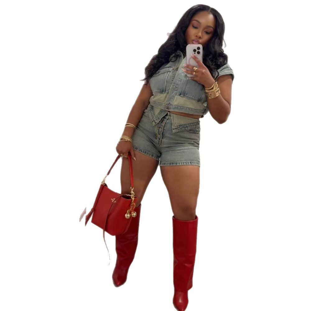Denim shorts set