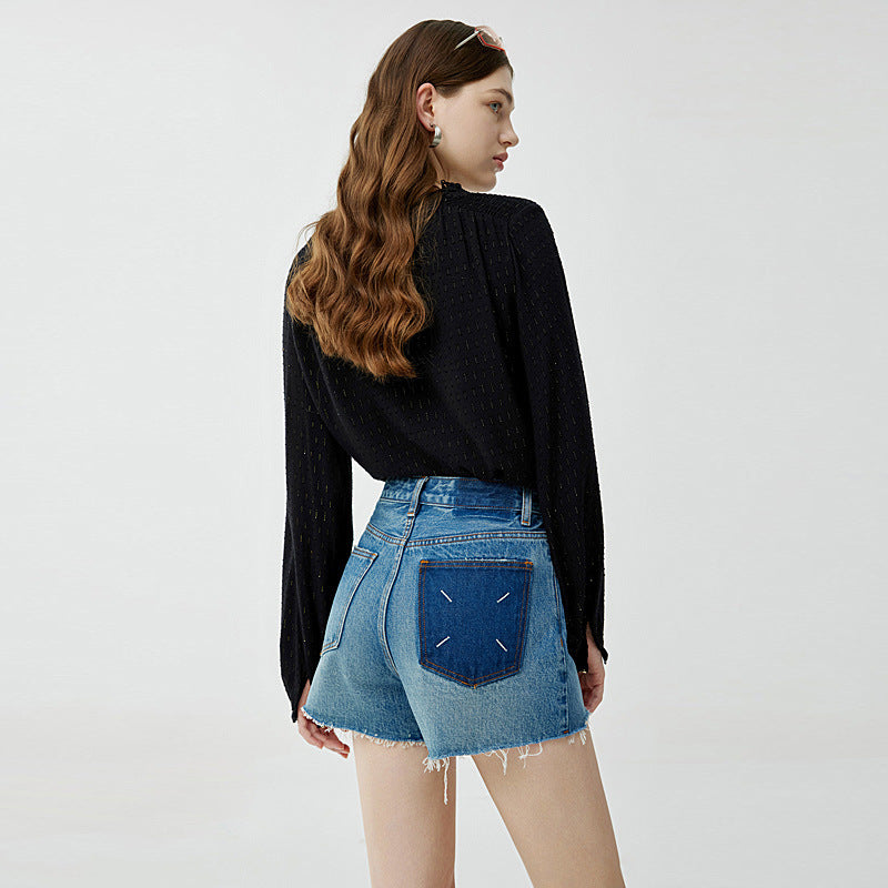 Embroidered High Waist Denim Shorts