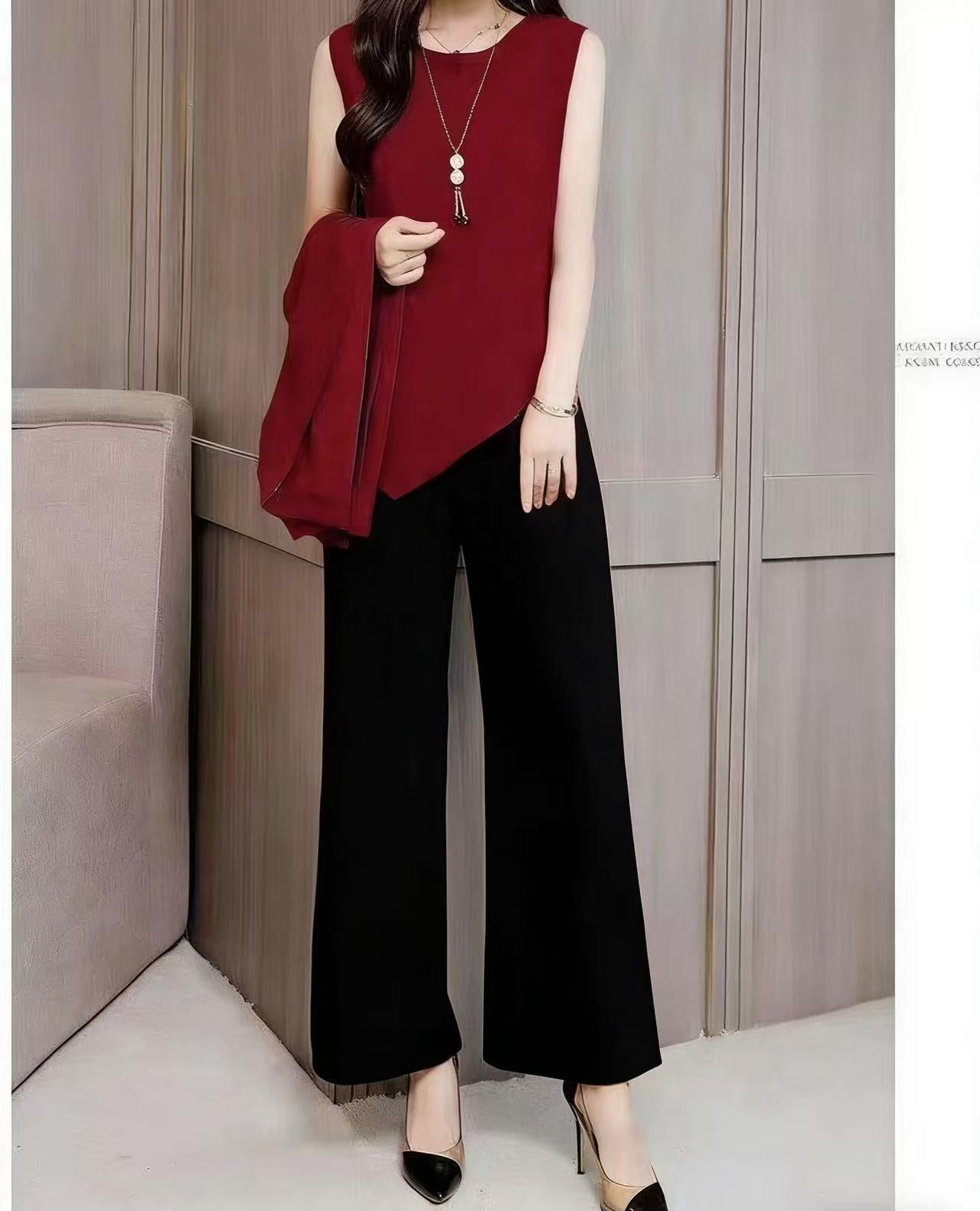 Women's Solid Color Casual Pants Suit - Three-Piece Set Top and Pants