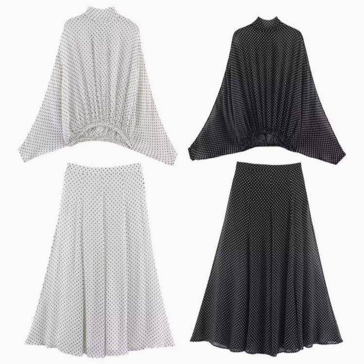 Butterfly Bow Blouse and Polka Dot Maxi Skirt Set
