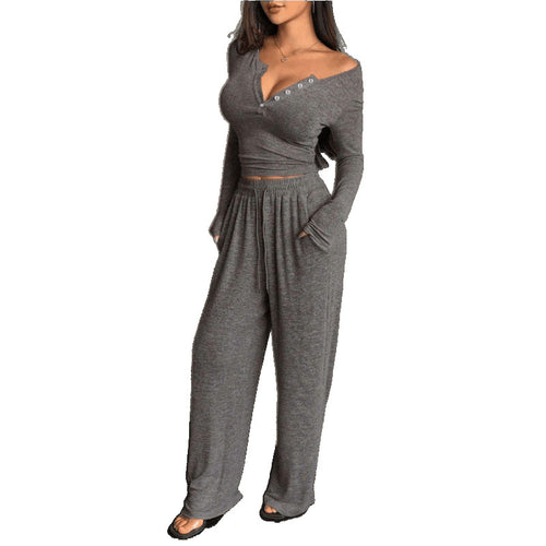 Women's V-Neck Buttoned Long Sleeve Pants