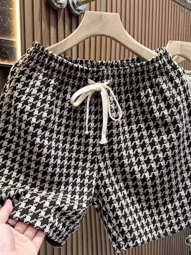 Men's Casual Houndstooth Shorts with Tie Waist