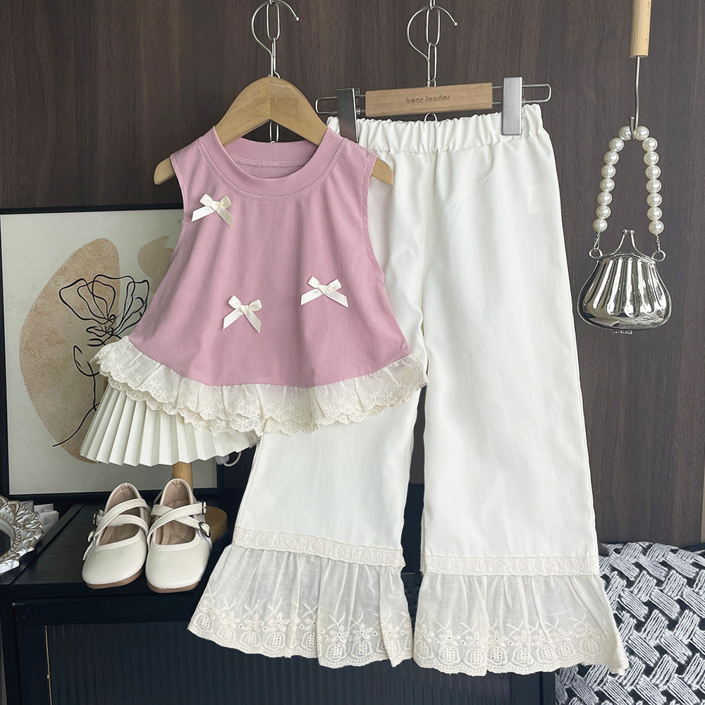Girls' Bow Lace Sleeveless Vest Set