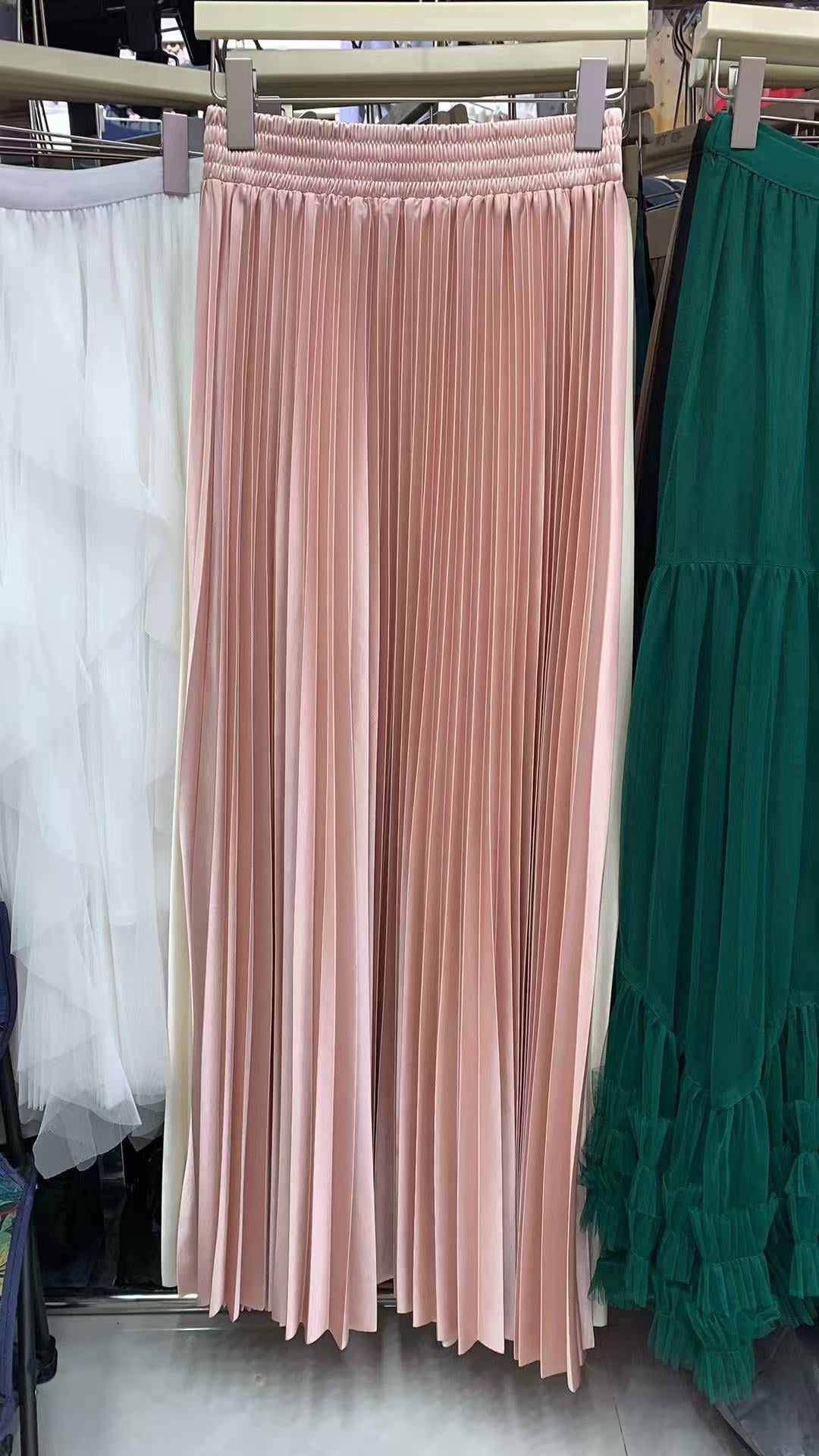 Satin Pleated Midi Skirt High Waist