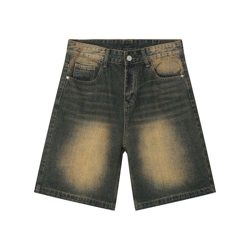 Distressed blue denim shorts