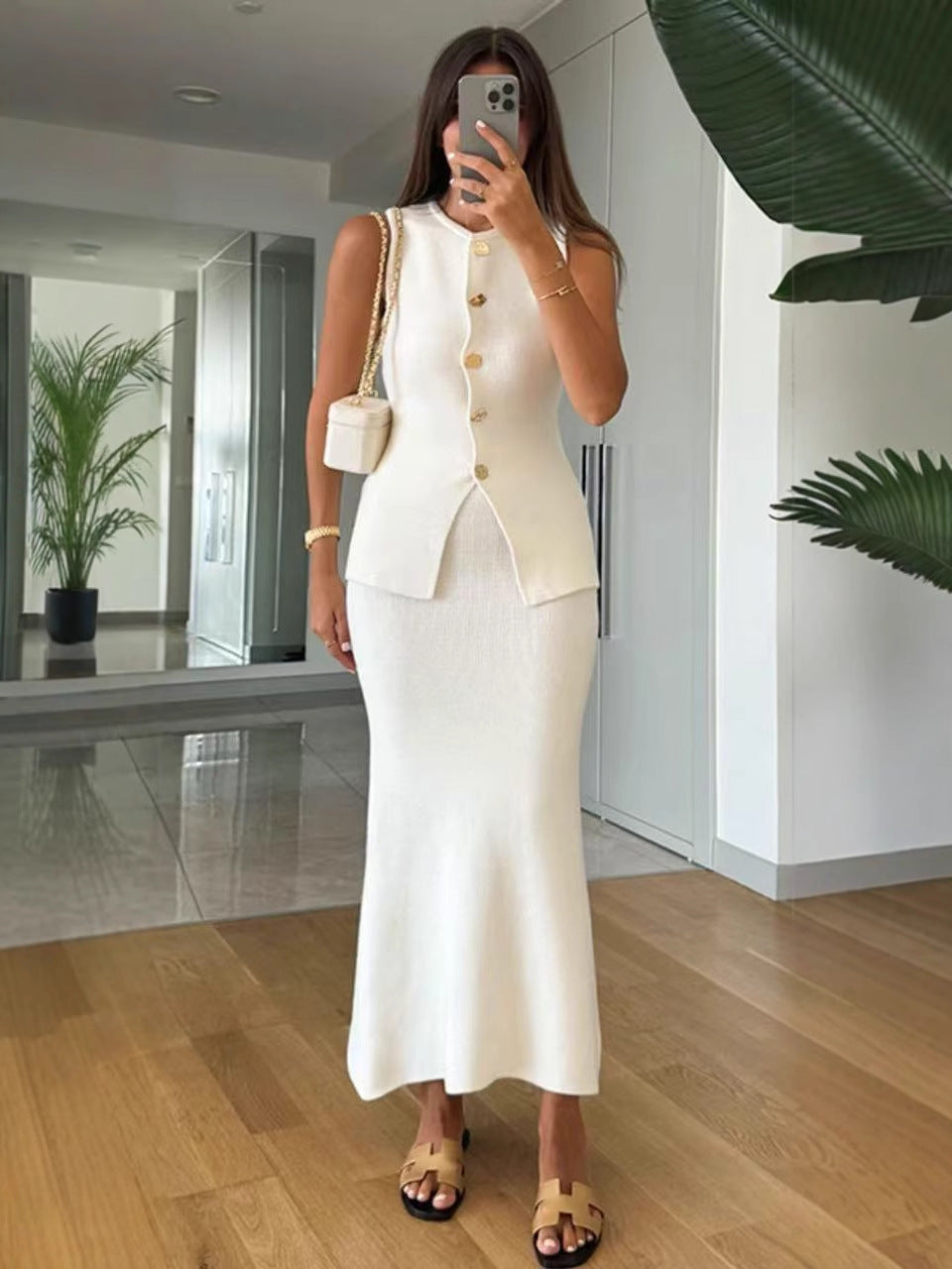 Women's Slim Knitted Vest and Skirt Set