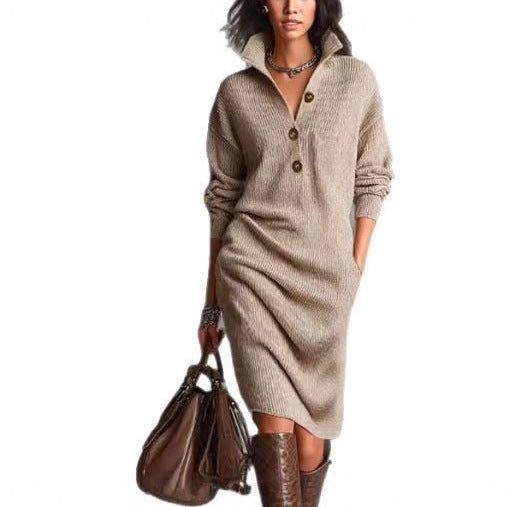 Casual collared loose-fitting mid-length sweater dress