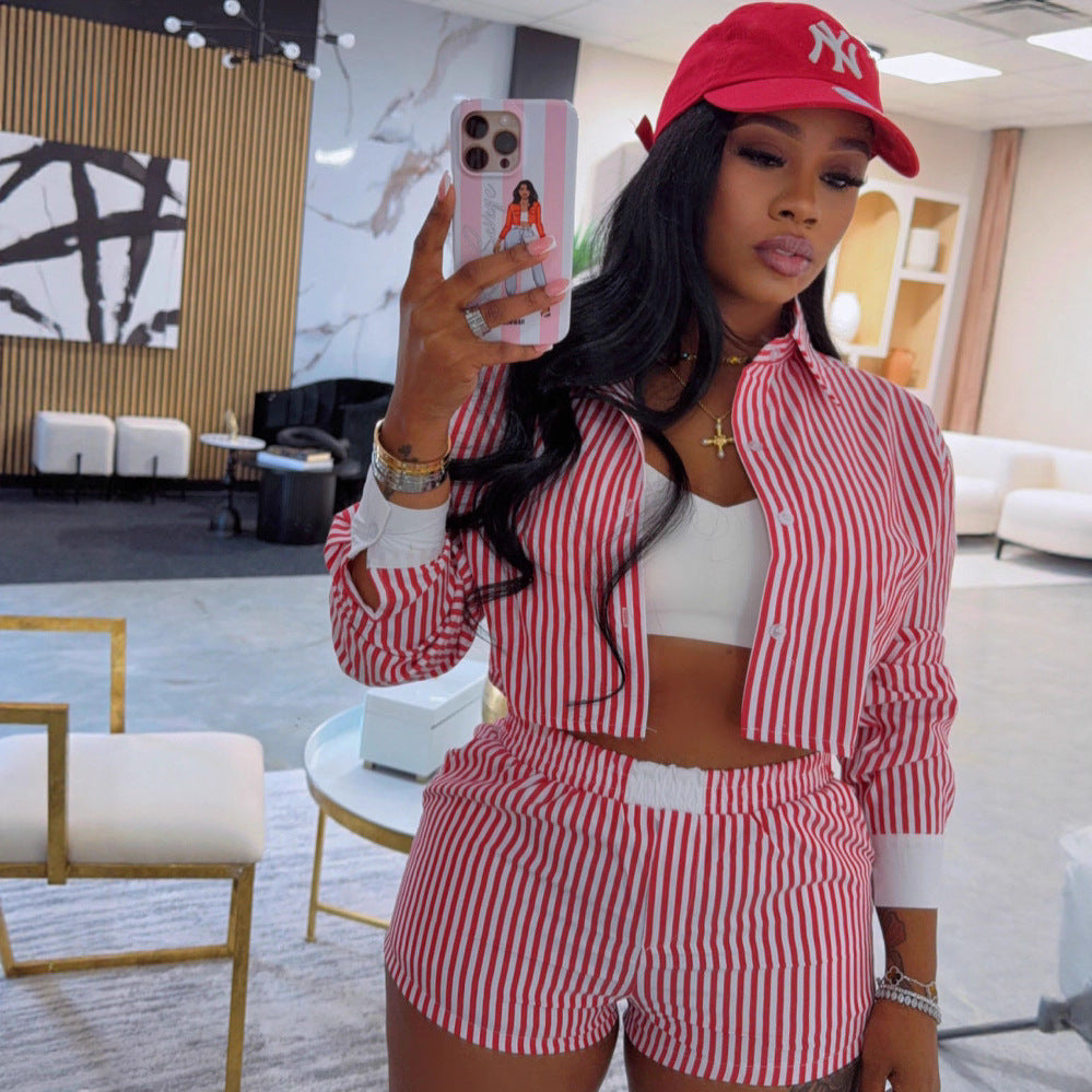 Stylish Striped Lapel Shirt and Shorts Set