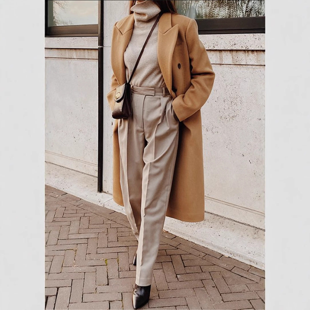 Two-color long-sleeved woolen coat