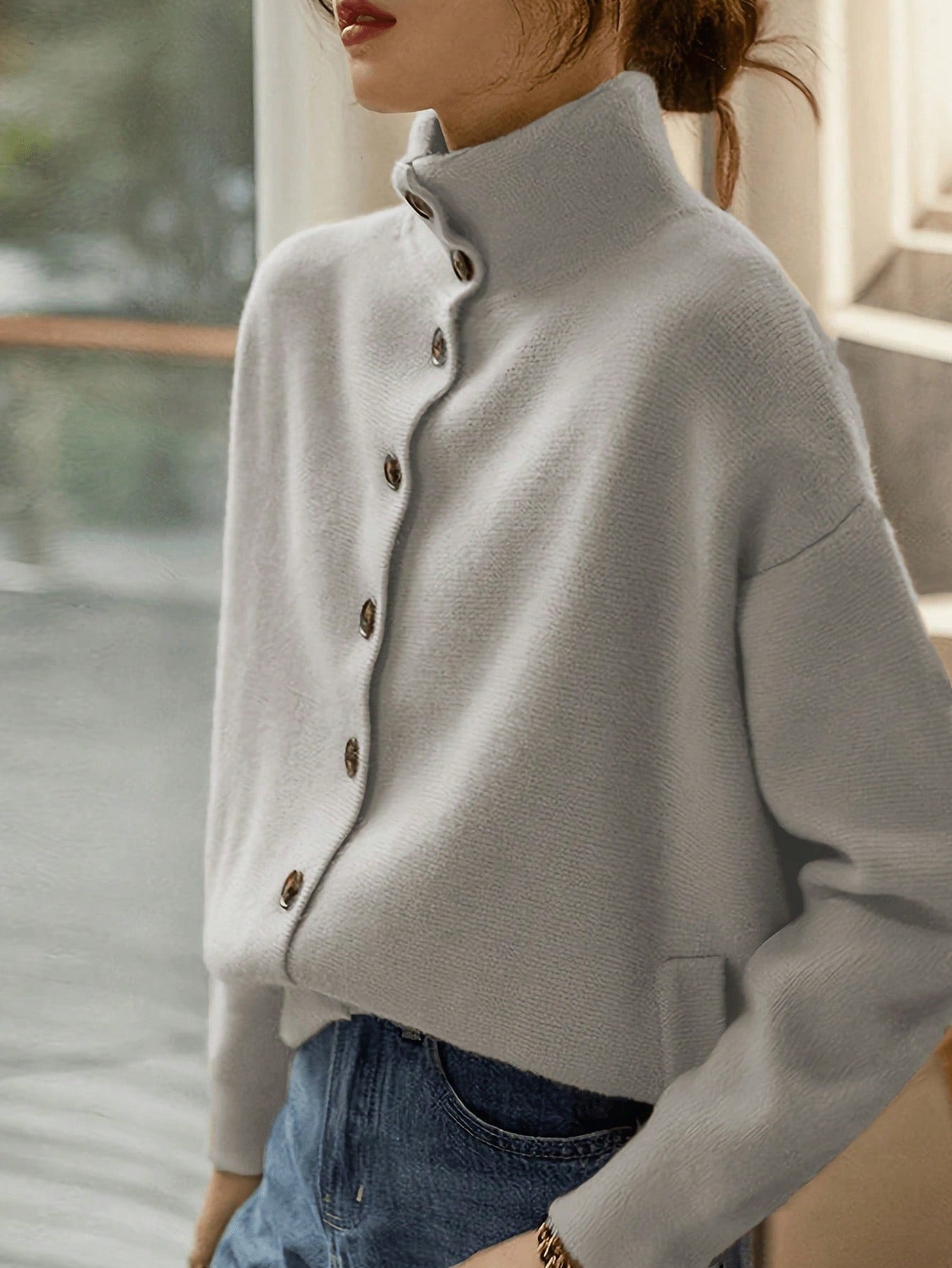 Stand-Up Collar Long-Sleeved Knitted Cardigan