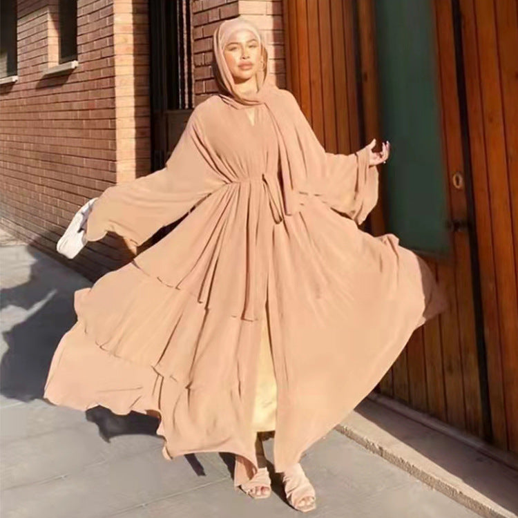 Stitching three-layer chiffon elegant cardigan dress robe