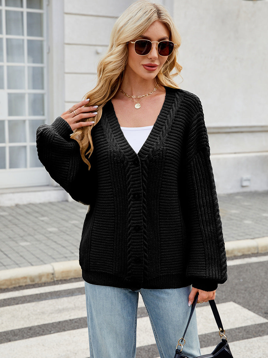 Loose V-Neck Cable Knit Sweater Cardigan