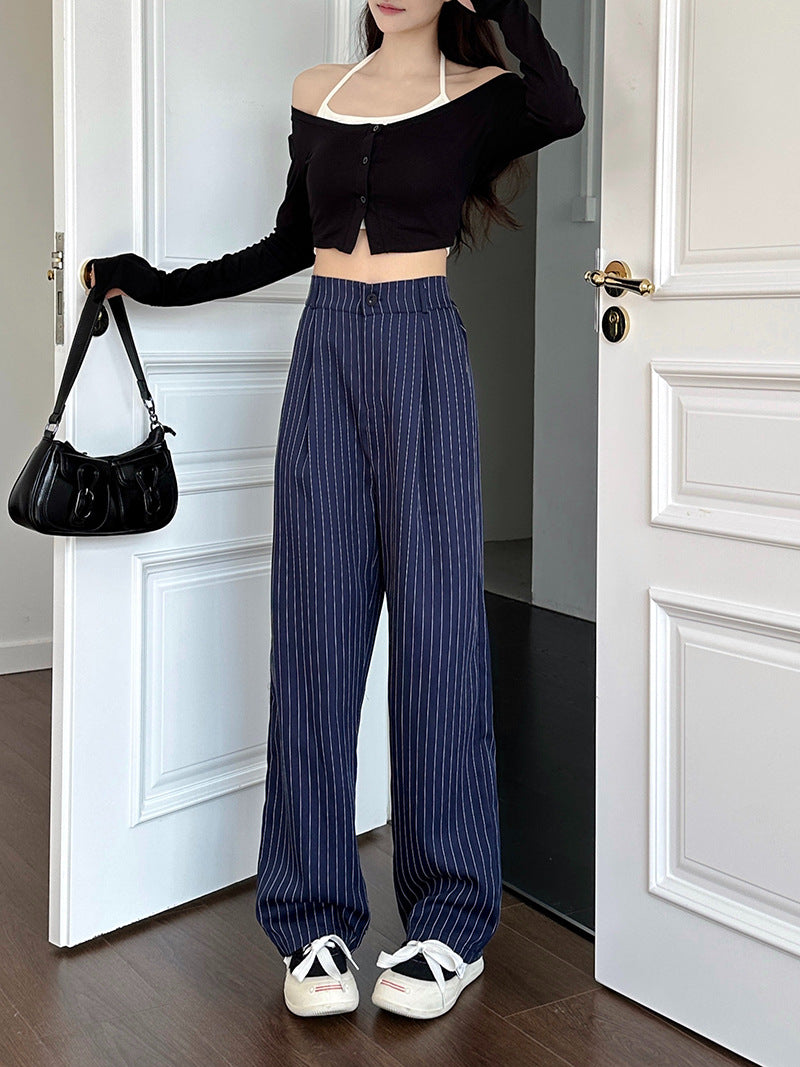 Slimming and flowing striped straight-leg suit pants