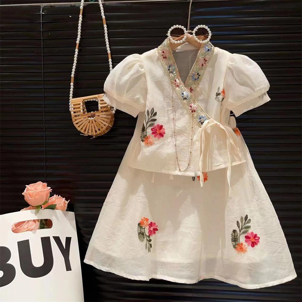 Girls' Vintage Bubble Sleeve Hanfu Two-Piece Set