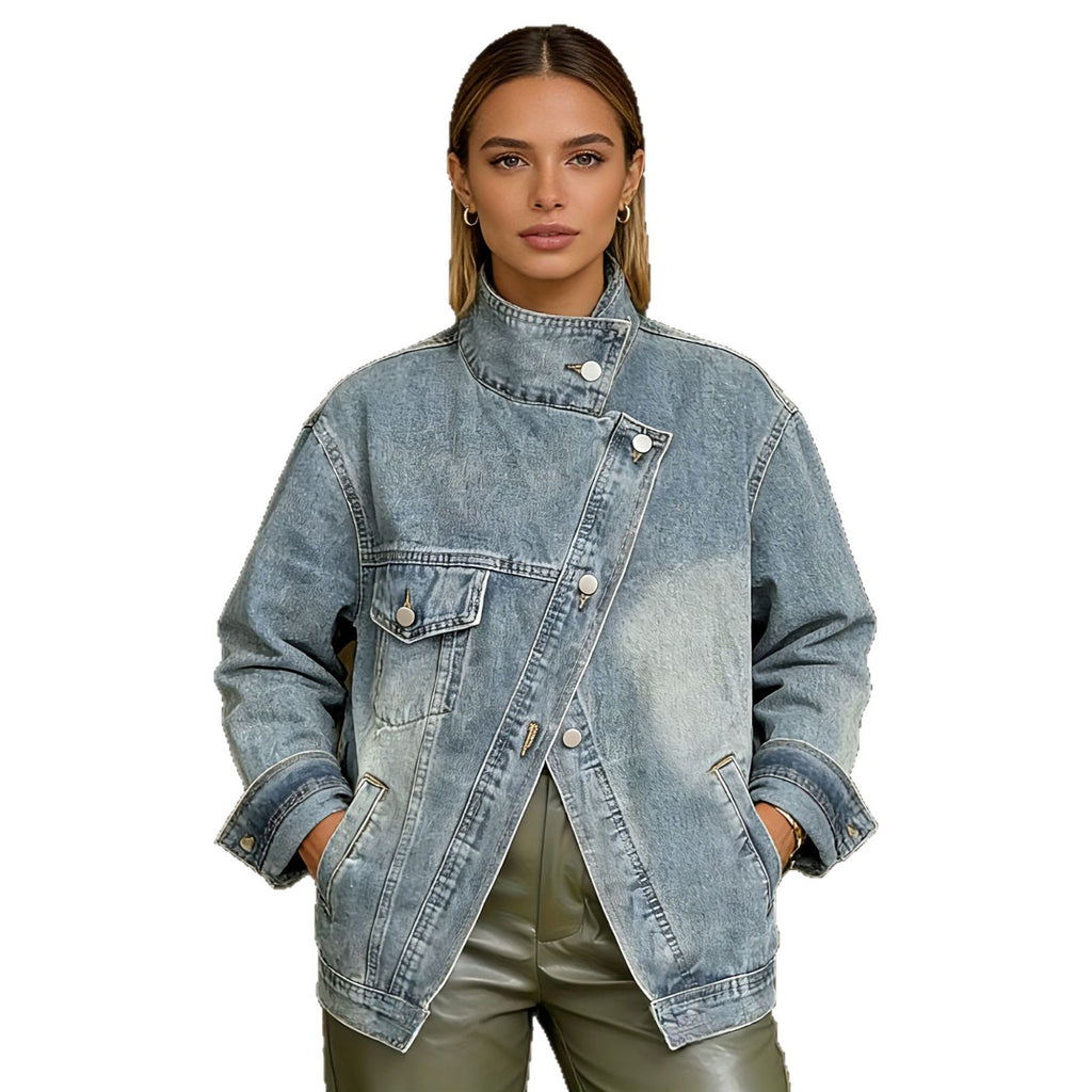 Women's denim jacket with single pocket design