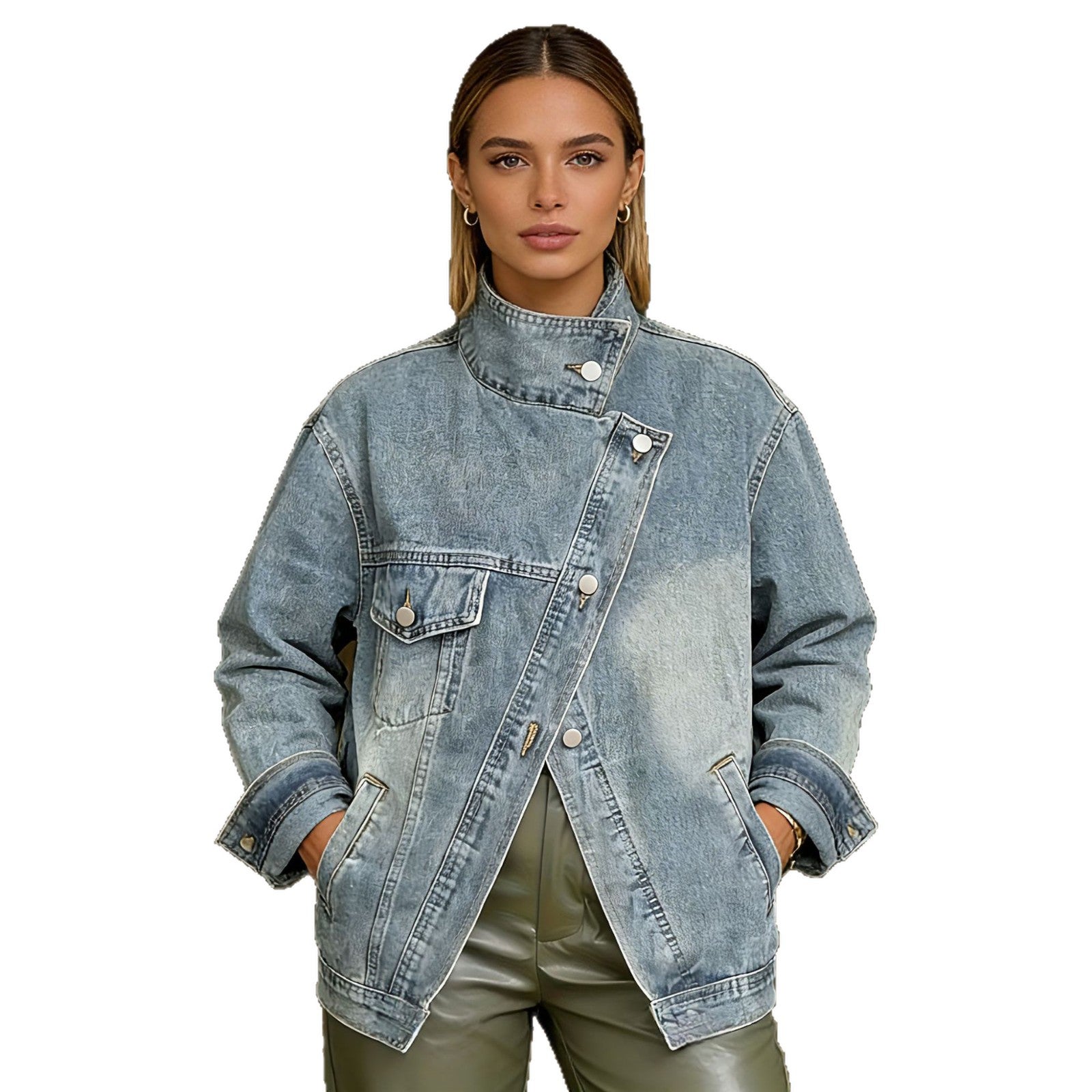 Women's denim jacket with single pocket design