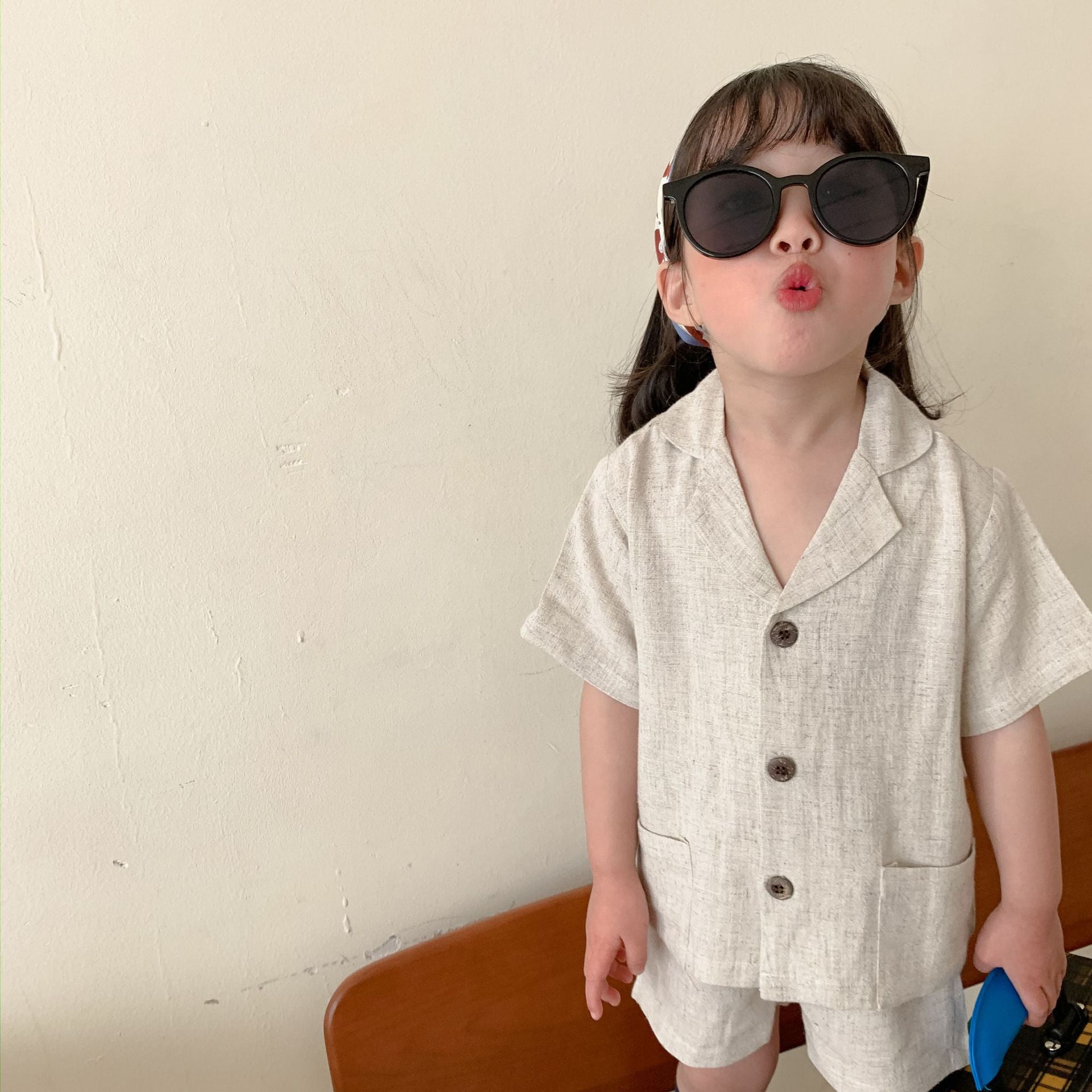 Kids' Linen Short Sleeve Shirt and Shorts Two-Piece Set