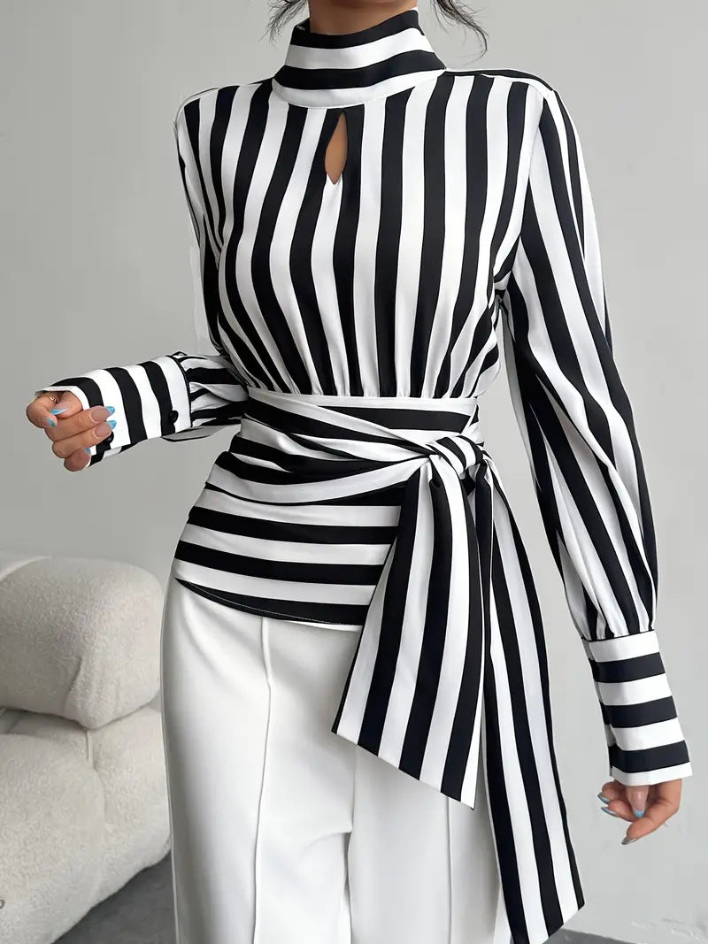 Women's Striped Scarf Collar Blouse